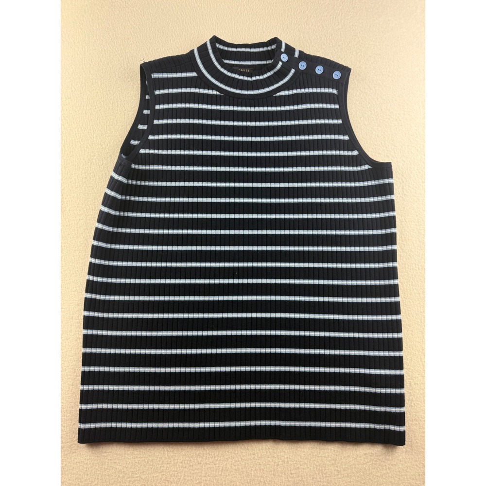 Talbots Womens 1XP Navy Blue Striped Mock Neck Button Shoulder Ribbed Knit Shell